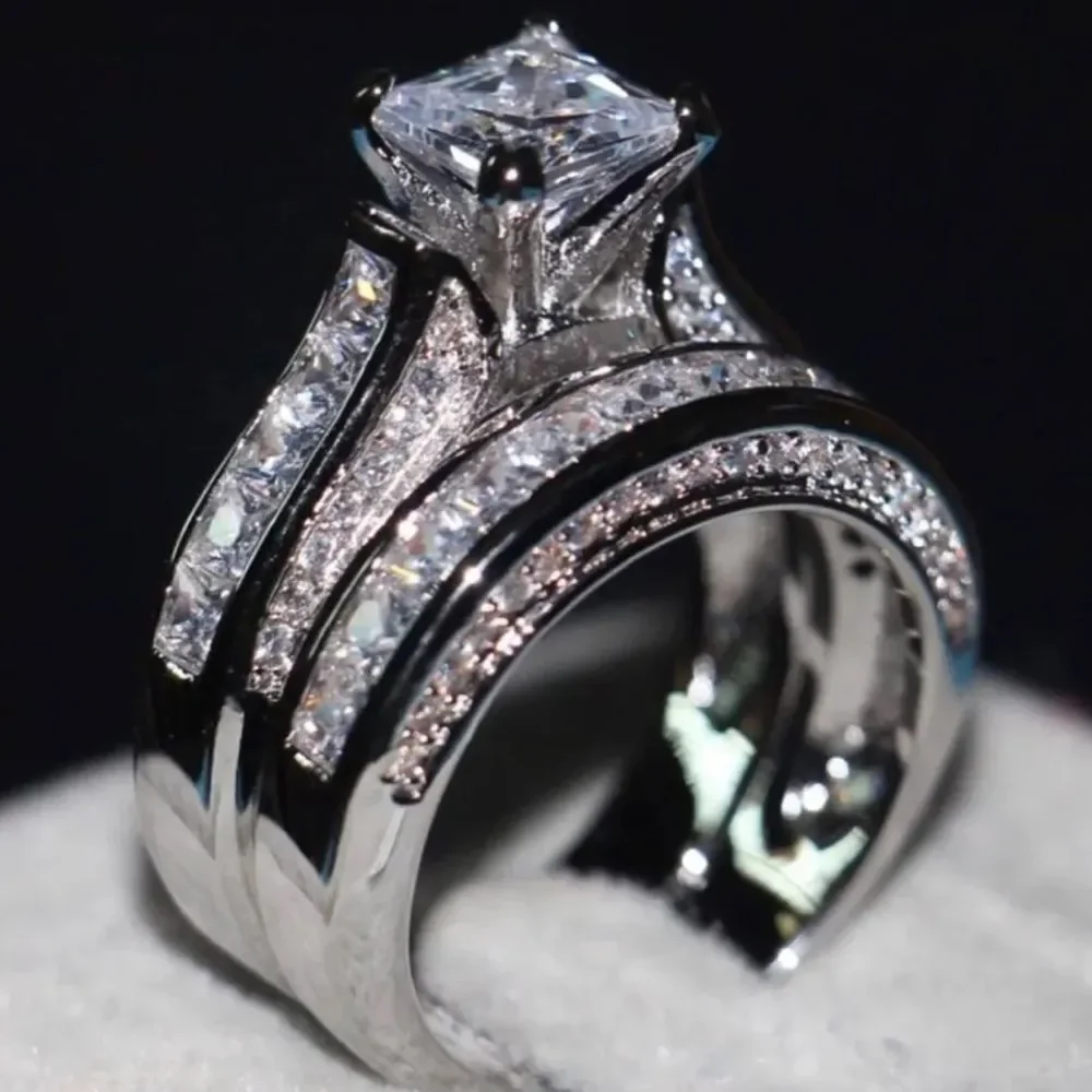 PRINCESS CUT  2CT  BRIDAL 2 PIECE WEDDING RING - Picture 3 of 3